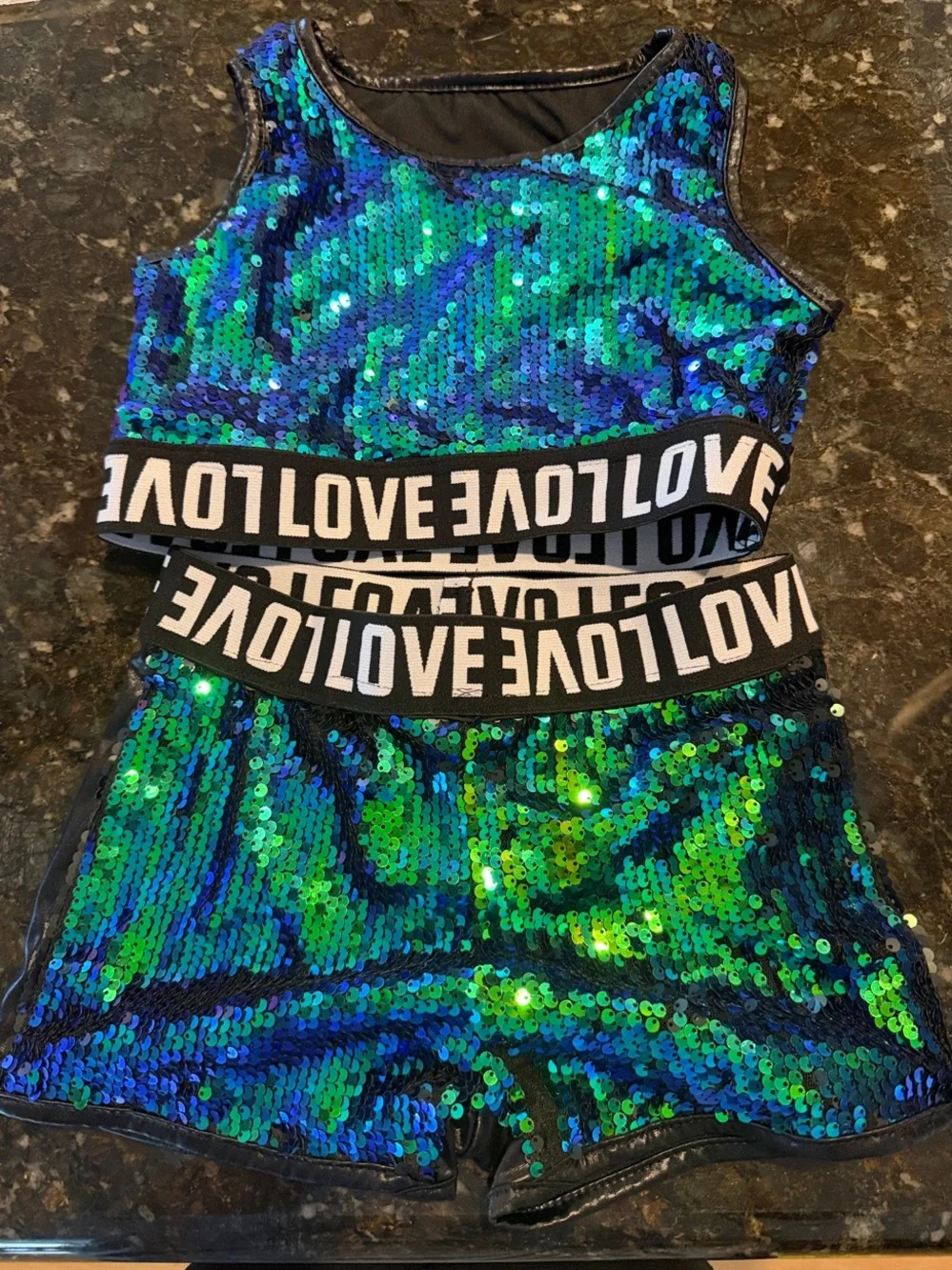 Love Kids Sequin Tank & Short Set in Blue-Green with Logo Waistband